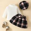 0-4 Years Baby Girl Fall Winter Clothes Turtleneck Solid Knit Pullover Tops Plaid Mini Skirts with Hat 3PCS Outfits QW282 view 2