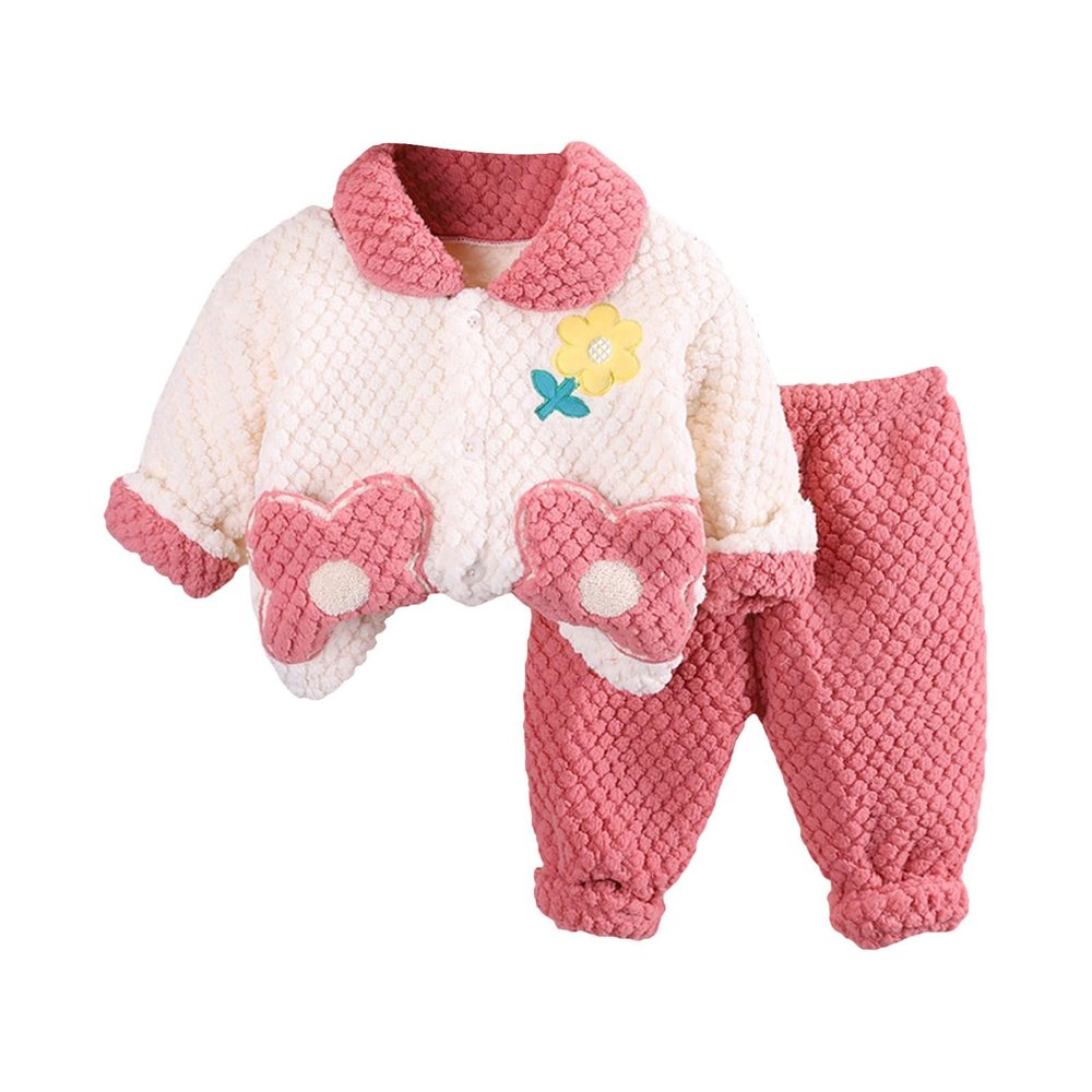 1-5 Years Girls 2PCS Winter Outfits Toddler Velvet Flower Print Jacket Coat and Fleece Pants Loungewear Clothes Set QW520