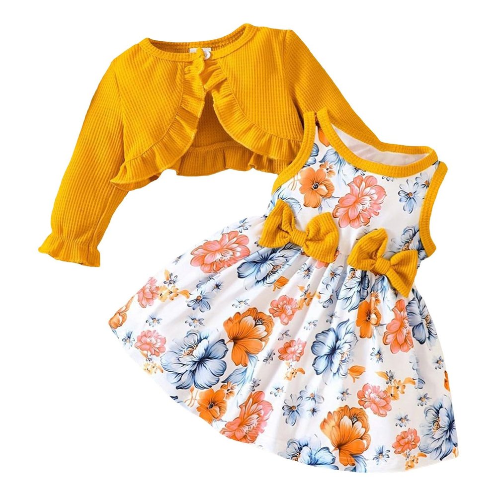 Girl's 2 Piece Outfits Long Sleeve Crop Cradigan and Flower Print Sundress Mini Dress Cami Dress Set for 0-2 Years QW505
