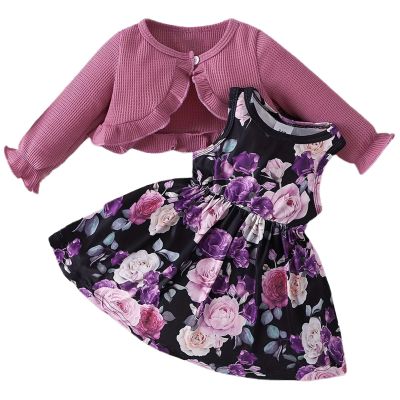 Girl's 2 Piece Outfits Long Sleeve Crop Cradigan and Flower Print Sundress Mini Dress Cami Dress Set for 0-2 Years QW500