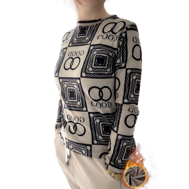 Freaswind Dralon Crew Neck Tops for Women Autumn Winter Thickened Thermal Underwear Inner Warm Printed Long-Sleeved Shirt (US, Alpha, Small, Regular, Regular, Good)