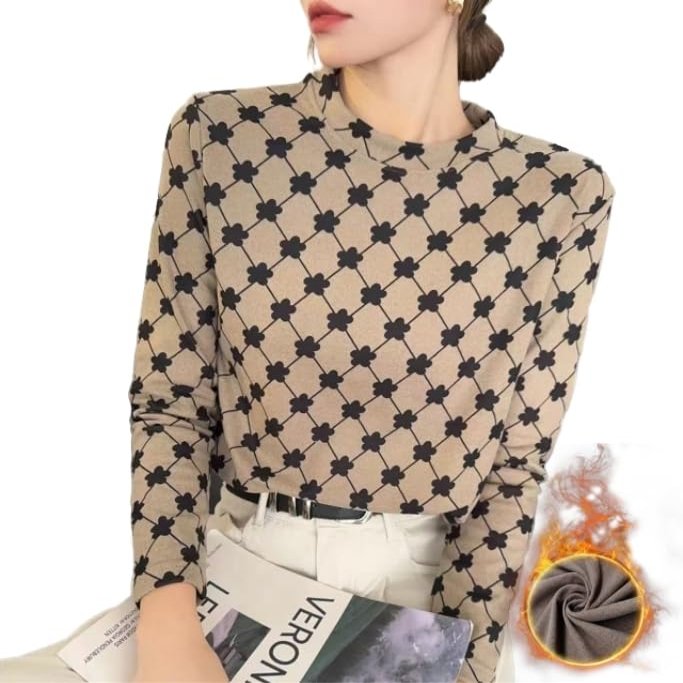 Freaswind Dralon Crew Neck Tops for Women Autumn Winter Thickened Thermal Underwear Inner Warm Printed Long-Sleeved Shirt (US, Alpha, Medium, Regular, Regular, Plum Bossom)