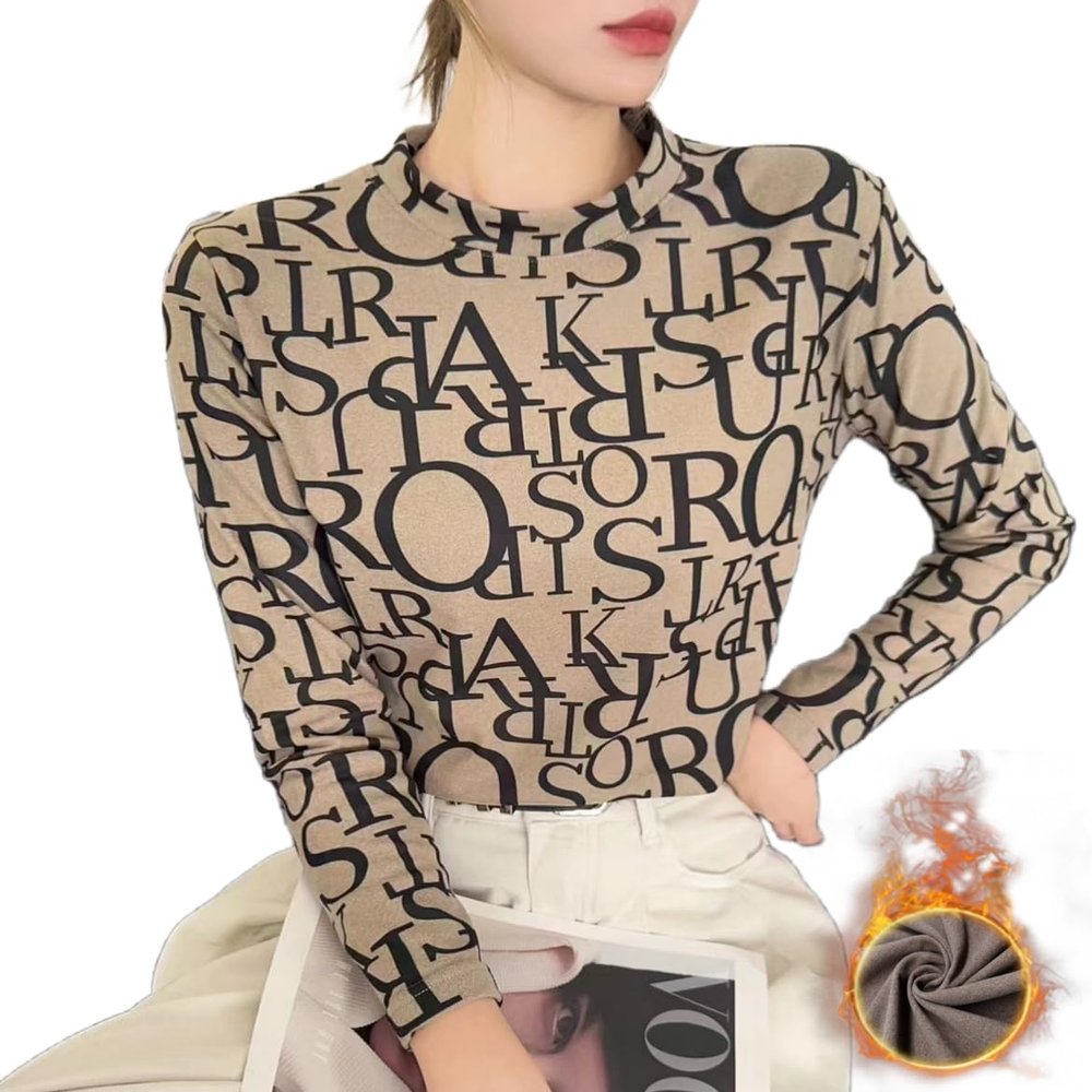 Freaswind Dralon Crew Neck Tops for Women Autumn Winter Thickened Thermal Underwear Inner Warm Printed Long-Sleeved Shirt (US, Alpha, Small, Regular, Regular, Letter)