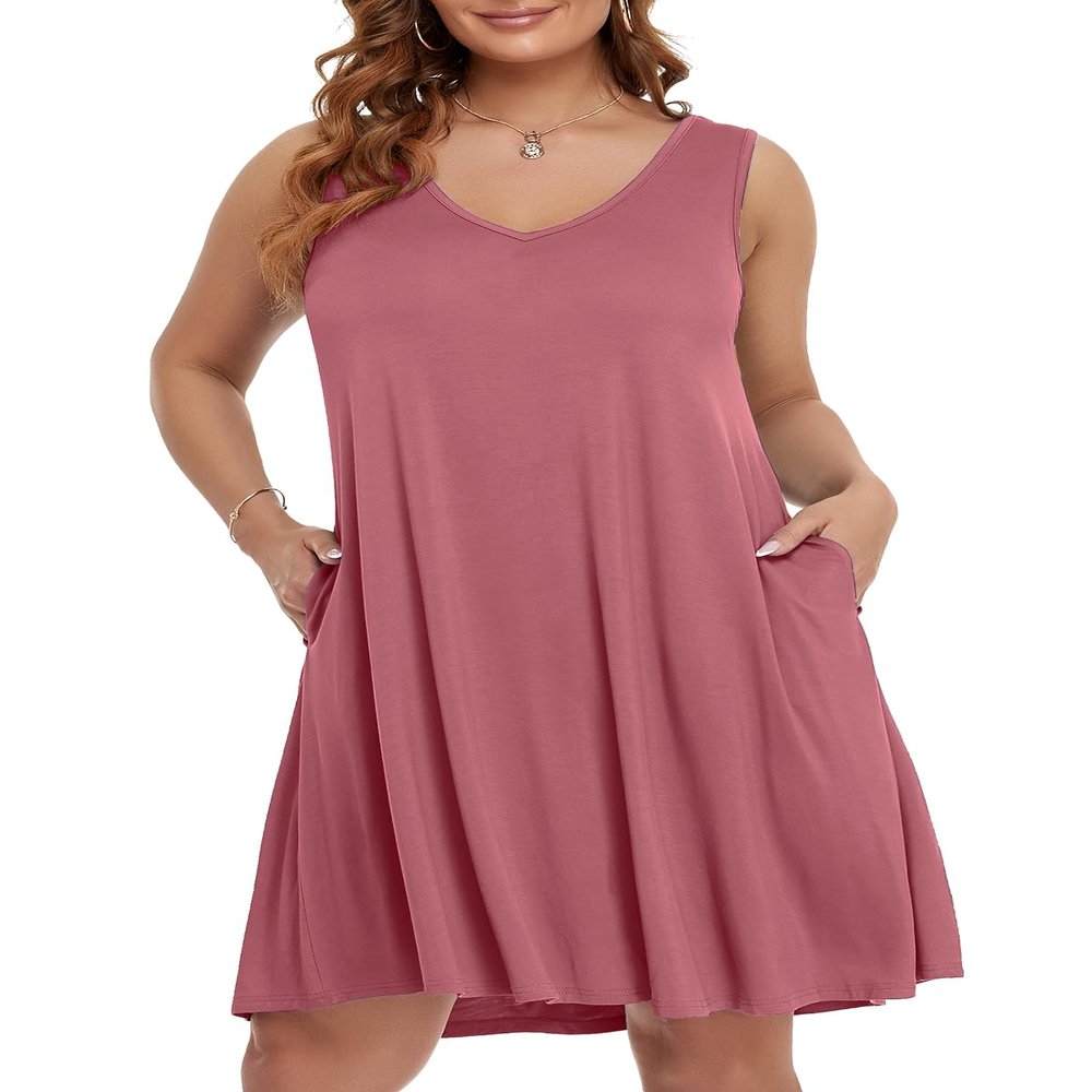 BELAROI Plus Size Summer Dresses for Curvy Women Casual Sundress V Neck Swing Loose Tshirt Tank Dress Beach Cover Ups Pockets (4X,Grayish Pink