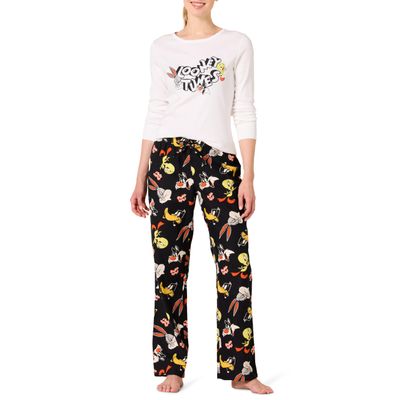 Amazon Essentials Women's Lightweight Flannel Pant and Long-Sleeve T-Shirt Sleep Set, Looney Tunes Gang - Womens, Medium