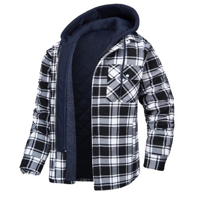 SWJGLITTR Men's Plaid Hooded Jacket Winter Warm Quilted Lined Button Outwear Casual Thick Fleece Coat With Detachable Hood (4X-Large,Black)