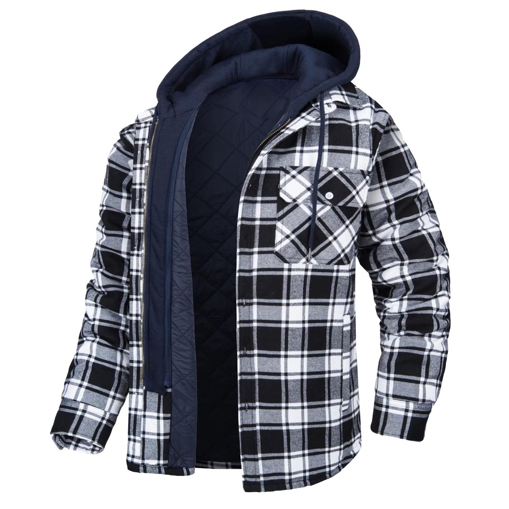 SWJGLITTR Men's Plaid Hooded Jacket Winter Warm Quilted Lined Button Outwear Casual Thick Fleece Coat With Detachable Hood (4X-Large,Black)