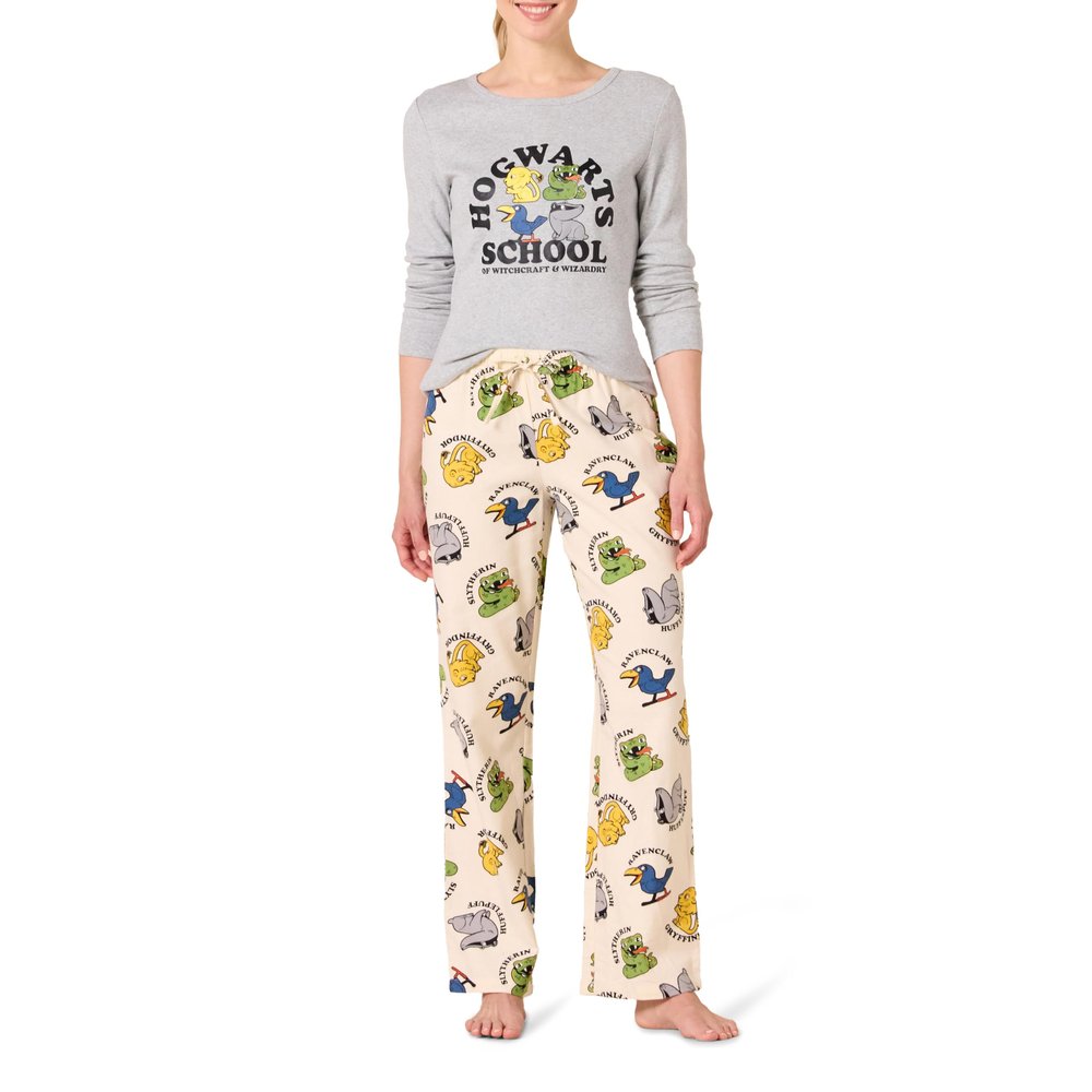 Amazon Essentials Women's Lightweight Flannel Pant and Long-Sleeve T-Shirt Sleep Set, Harry Potter Hogwarts - Womens, X-Large