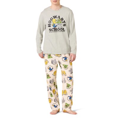 Amazon Essentials Men's Flannel Pant and Long-Sleeve T-Shirt Pajama Set, Harry Potter Hogwarts - Mens, Large
