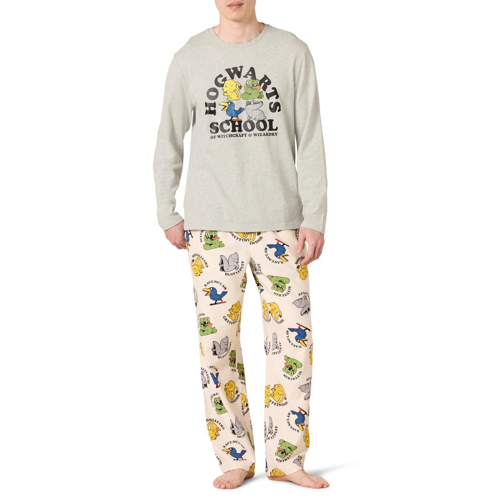 Amazon Essentials Men's Flannel Pant and Long-Sleeve T-Shirt Pajama Set, Harry Potter Hogwarts - Mens, Large