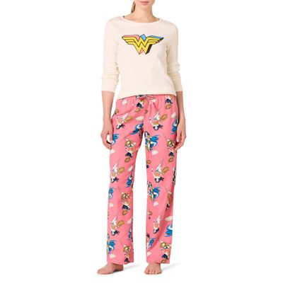 Amazon Essentials Women's Lightweight Flannel Pant and Long-Sleeve T-Shirt Sleep Set, Wonder Woman Poses - Womens, Large