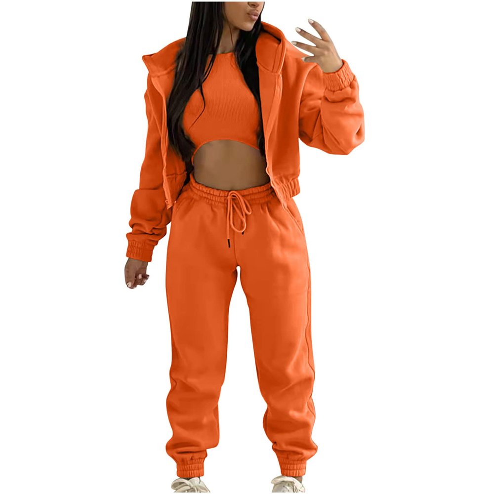 Womens Three Piece Sets Sweatsuit Fashion Fall Outfits Fleece Hoodies Sweatshirts Joggers Sweatpants Vest Y2K Tracksuit Orange