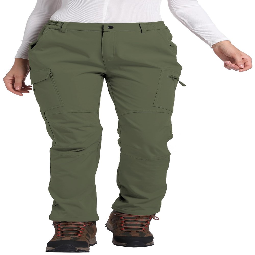 Women's Fleece Lined Waterproof Hiking Pants Insulated Softshell Warm Outdoor Winter Snow Ski Pants Army Green XXL