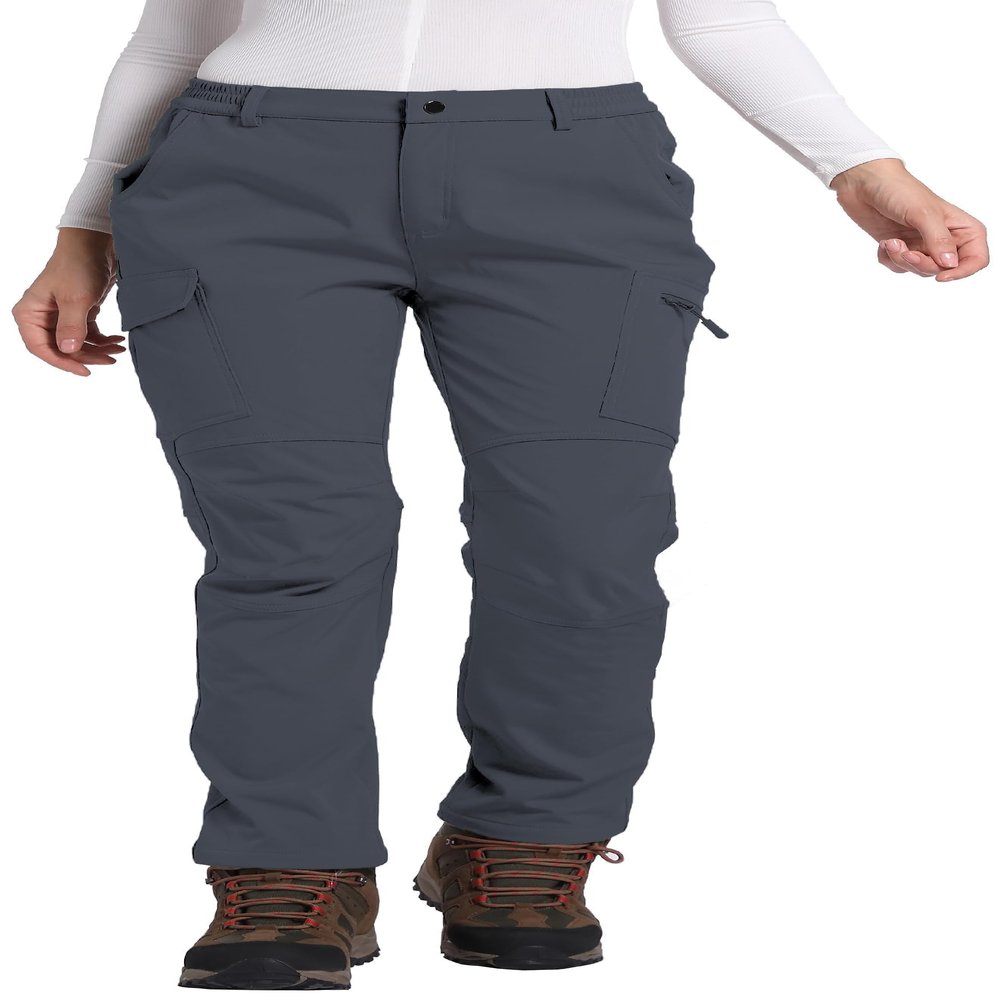 Women's Fleece Lined Waterproof Hiking Pants Insulated Softshell Warm Outdoor Winter Snow Ski Pants Cool Grey XL