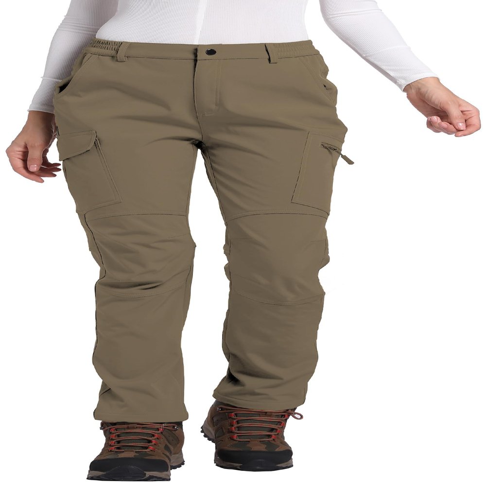 Women's Fleece Lined Waterproof Hiking Pants Insulated Softshell Warm Outdoor Winter Snow Ski Pants Khaki XS