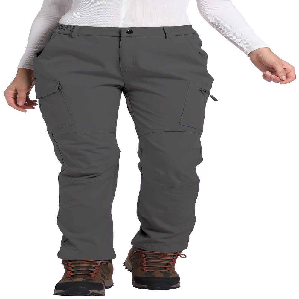 Women's Fleece Lined Waterproof Hiking Pants Insulated Softshell Warm Outdoor Winter Snow Ski Pants Dark Grey L