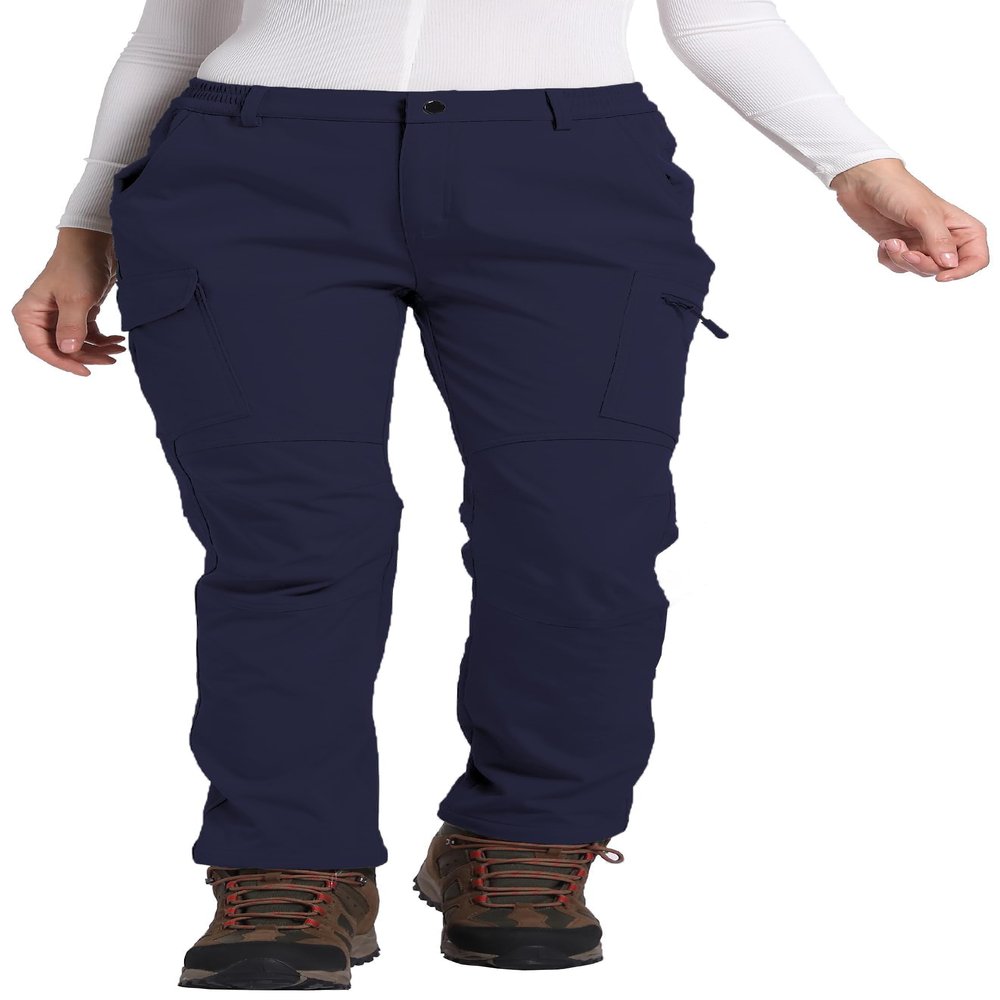 Women's Fleece Lined Waterproof Hiking Pants Insulated Softshell Warm Outdoor Winter Snow Ski Pants Navy L