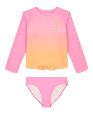Calvin Klein Girls' Two-Piece Rashguard Swimsuit Set with UPF 50+ Sun Protection, Pink Frosting Ombre, 16