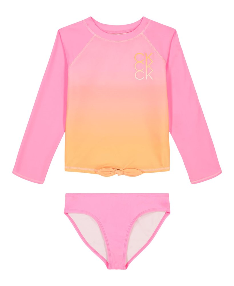 Calvin Klein Girls' Two-Piece Rashguard Swimsuit Set with UPF 50+ Sun Protection, Pink Frosting Ombre, 16