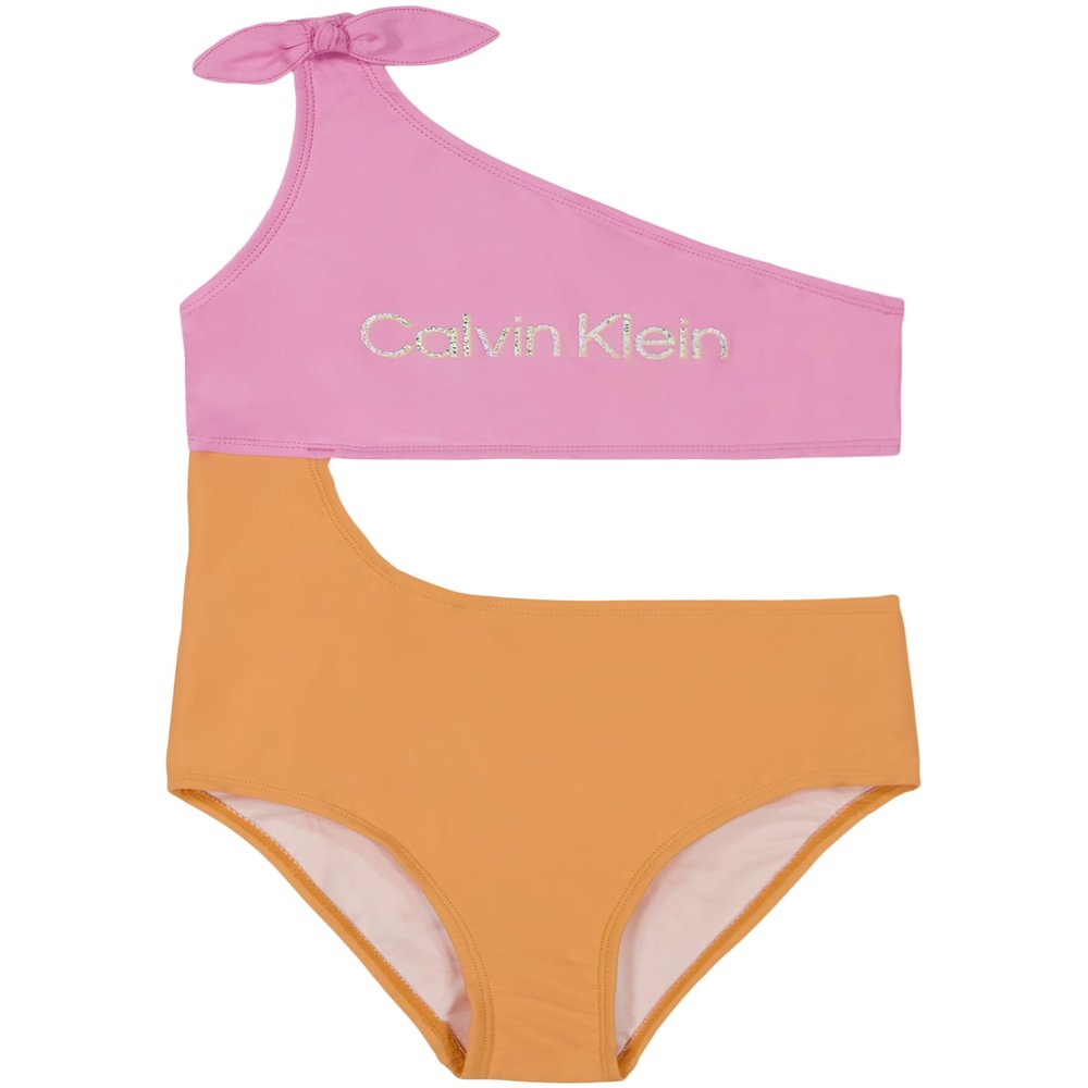 Calvin Klein Girls' One-Piece and Two-Piece Bikini Swimsuits with UPF 50+ Sun Protection, Quick Drying Bathing Suit, Pink Frosting, 12-14