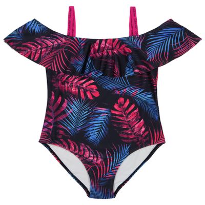 Calvin Klein Girls' One-Piece and Two-Piece Bikini Swimsuits with UPF 50+ Sun Protection, Quick Drying Bathing Suit, Dark Tropical Palm, 12-14