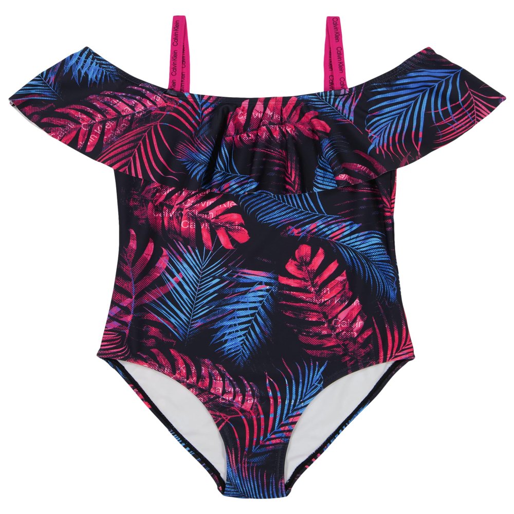 Calvin Klein Girls' One-Piece and Two-Piece Bikini Swimsuits with UPF 50+ Sun Protection, Quick Drying Bathing Suit, Dark Tropical Palm, 12-14
