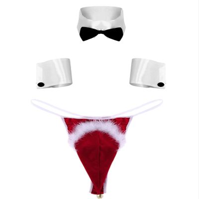 Alvivi Men Sexy Lingerie Costume Santa Christmas Outfits Set Collar Cuffs with Mini Shorts Xmas Underwear C Red Medium