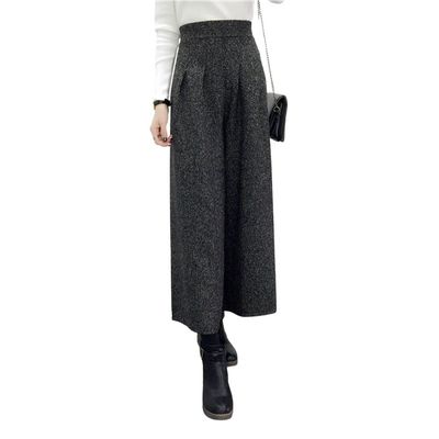 chouyatou Women's Winter High Waist Wide Leg Plaid Wool Blend Palazzo Capri Pants Culottes with Pockets (XX-Large, Dark Gray)