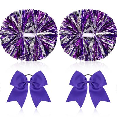 Canlierr 4 Pcs Cheerleading Pom Poms with Baton Handle and Cheerleader Hair Bows, 14 Inch Metallic Cheer Supplies for School Team Spirit Sports Dance Cheering(Purple and Silver)