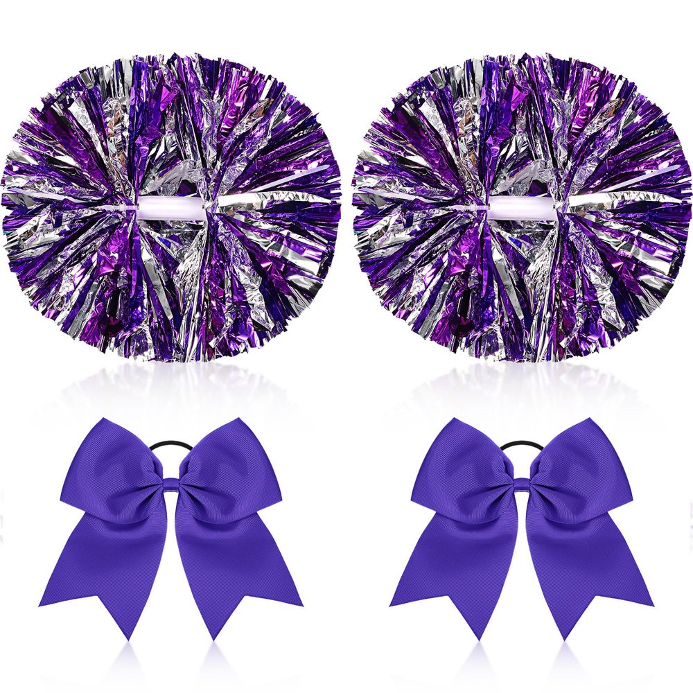 Canlierr 4 Pcs Cheerleading Pom Poms with Baton Handle and Cheerleader Hair Bows, 14 Inch Metallic Cheer Supplies for School Team Spirit Sports Dance Cheering(Purple and Silver)