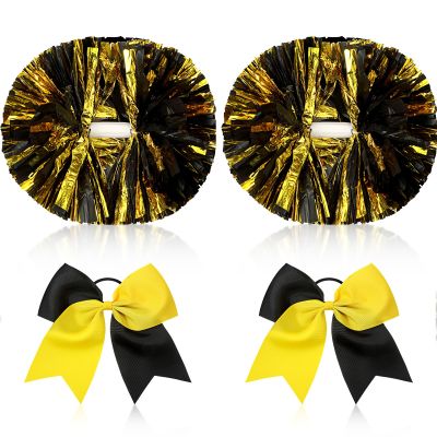 Canlierr 4 Pcs Cheerleading Pom Poms with Baton Handle and Cheerleader Hair Bows, 14 Inch Metallic Cheer Supplies for School Team Spirit Sports Dance Cheering(Gold and Black)