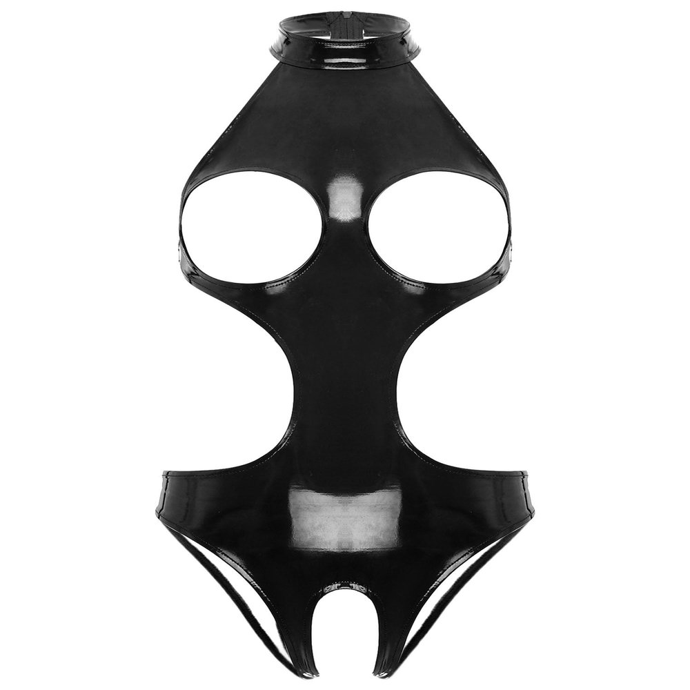 YiZYiF Women's PVC Leather Long Sleeves Zipper Crotch Bodycon Tank Leotard Catsuit 4# Black D 3X-Large