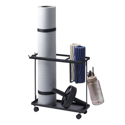 YAMAZAKI Home Tower Rolling Slim Fitness Rack with Adjustable Holder, Casters, Hooks for Gear Organization - Steel
