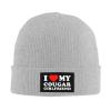 I Love My Cougar Girlfriend Knit Hat Winter Beanie Hats Men Women Slouchy Funny Hat Gray view 2