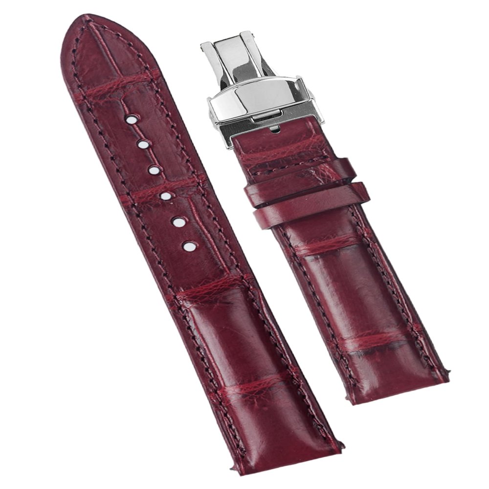 20mm Burgundy Leather Watch Band Deployment Clasp Quick Release Handmade Leather Strap Butterfly Buckle Croc Replacement Wristband Men, Christmas Father's Day Gift for Dad Son Husband DH-70D-S-20MM