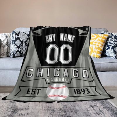 Ship Next Day Chicago Custom Baseball City Throw Blanket Chicago Personalized Name Number for Men Women Youth Kids Oversized Soft Flannel Blanket Decorative for Bedroom Living Room, Made in USA