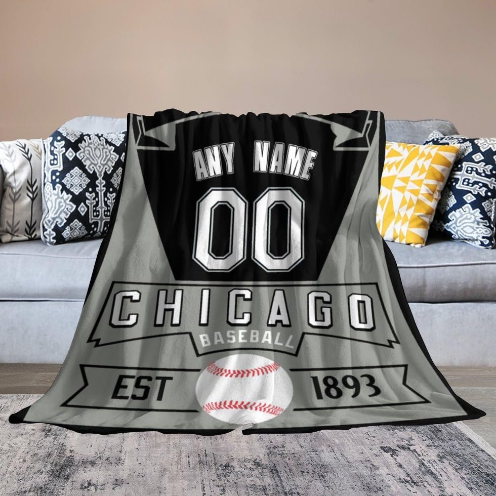 Ship Next Day Chicago Custom Baseball City Throw Blanket Chicago Personalized Name Number for Men Women Youth Kids Oversized Soft Flannel Blanket Decorative for Bedroom Living Room, Made in USA