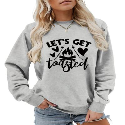 ESIKAH Let's Get Toasted Sweatshirt Campfire Sweater Funny Camping Life Shirt Women Crewneck Pullover Tops Camping Lover Gift Gray