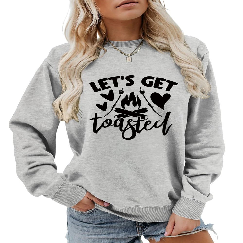 ESIKAH Let's Get Toasted Sweatshirt Campfire Sweater Funny Camping Life Shirt Women Crewneck Pullover Tops Camping Lover Gift Gray