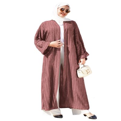 AFAVOM Women's Muslim Cardigan Traditional Islamic Open Front Abayas Middle East Kimono Clothes Dubai Arabic Eid Long Sleeve Robe Solid Color Ramadan Modest Maxi Kaftan Red(Without Hijab) L