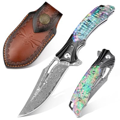 Zingbee Damascus Pocket Knife for Women, 3.15" VG10 Damascus Steel Blade EDC Folding Knife with Sheath, Abalone Shells Handle, Ideal Gifts for Woman Men
