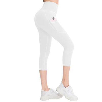 RIMLESS 7 Cotton Yoga Capri Pants with Pockets Running Athletic Workout Calf Length Leggings P29A-Pure White-XXL