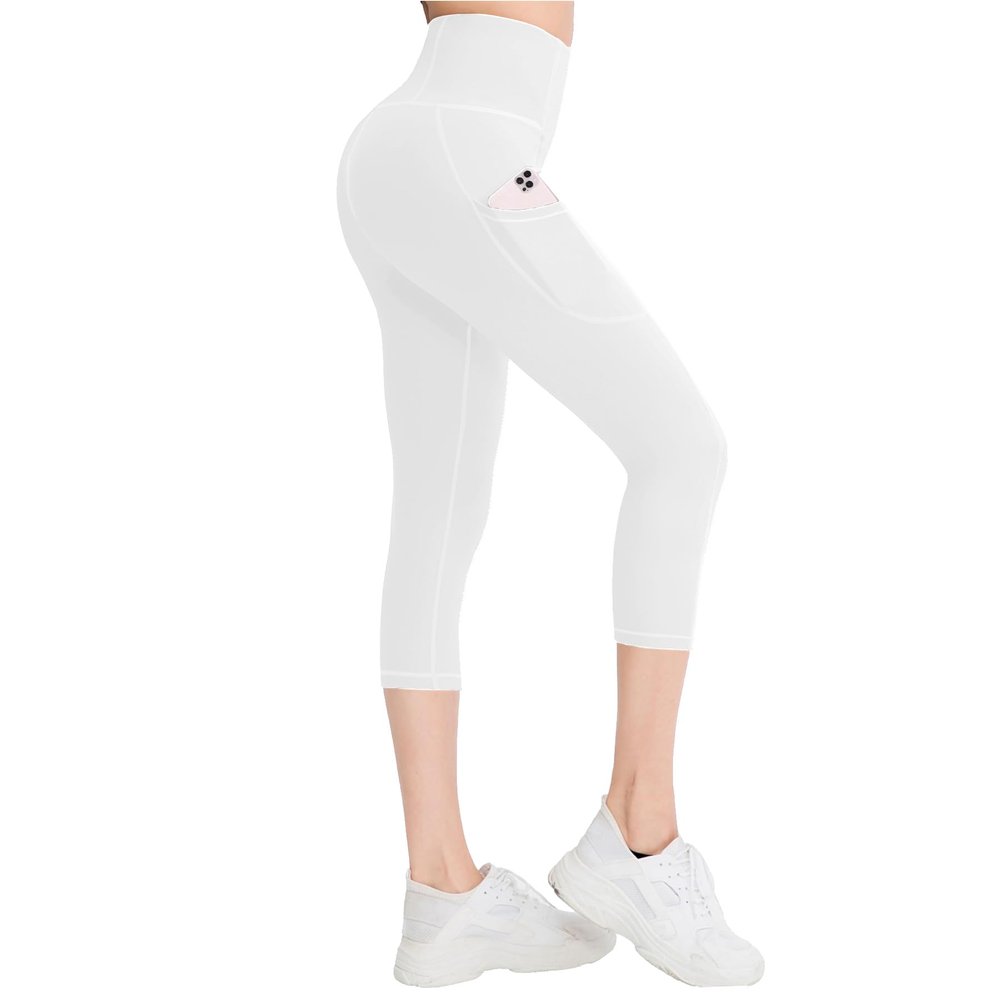 RIMLESS 7 Cotton Yoga Capri Pants with Pockets Running Athletic Workout Calf Length Leggings P29A-Pure White-XXL