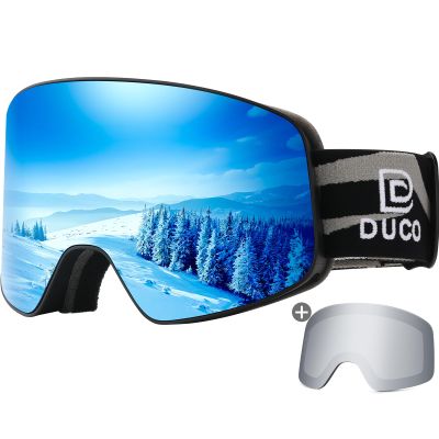 DUCO Ski Goggles Snowboard for Men Women,OTG Lightweight Winter Snowmobile Snow Goggles Anti-Fog 100% UV Protection DCS001 (Black Frame Revo Blue+Silver Lens)