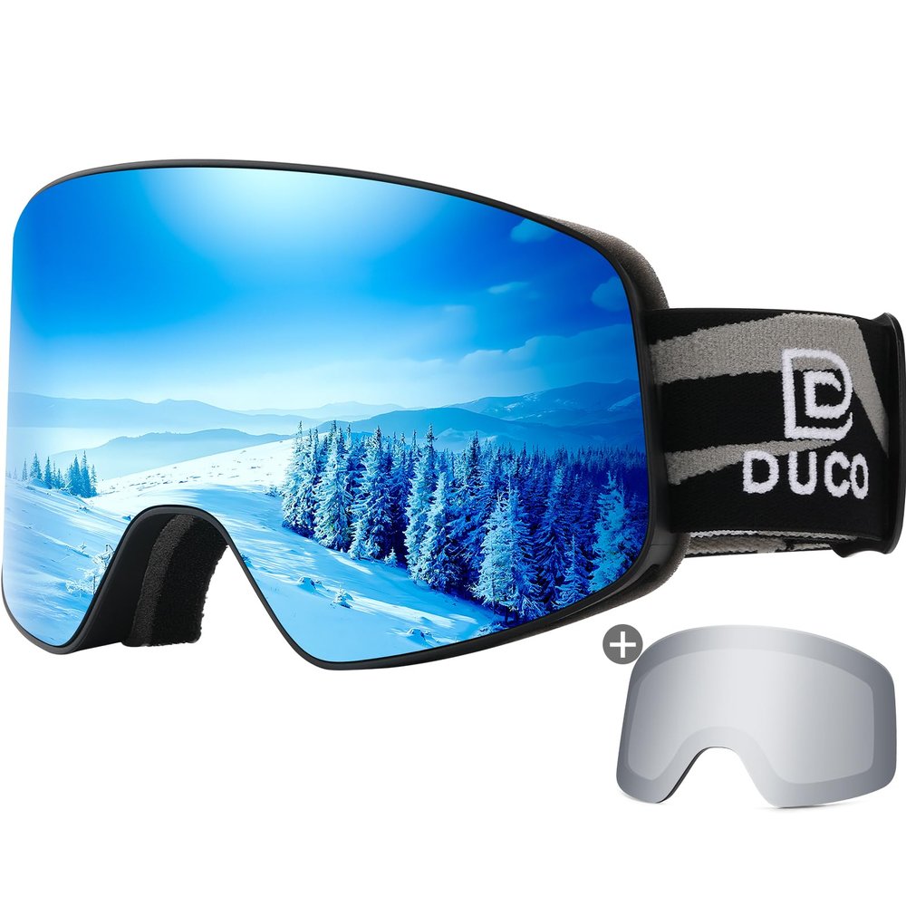 DUCO Ski Goggles Snowboard for Men Women,OTG Lightweight Winter Snowmobile Snow Goggles Anti-Fog 100% UV Protection DCS001 (Black Frame Revo Blue+Silver Lens)