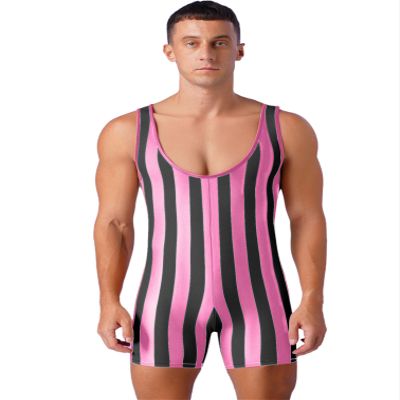 iiniim Mens Sleeveless Striped Wrestling Singlet Boxer Jumpsuit Rompers Bodybuilding Bodysuit Swimsuit Hot Pink X-Large