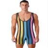 renvena Men's One Piece Striped Jumpsuit Swimsuit Stretchy Wrestling Singlet Rompers Bodysuit Rainbow XX-Large view 1