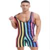 renvena Men's One Piece Striped Jumpsuit Swimsuit Stretchy Wrestling Singlet Rompers Bodysuit Rainbow XX-Large view 3