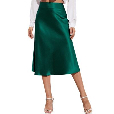 Satin Skirts for Women Midi Length Silk Skirt Elegant High Waisted Midi Skirt Flowy A-Line Flared Cocktail Party Long Skirts Green
