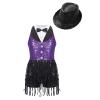 Agoky Girls Sequins Tassel Ballet Jazz Latin Dance Dress for Children Hip Hop Chacha Tap Rumba Performance Costume Dancewear Purple&Black with Hat 12 Years view 1